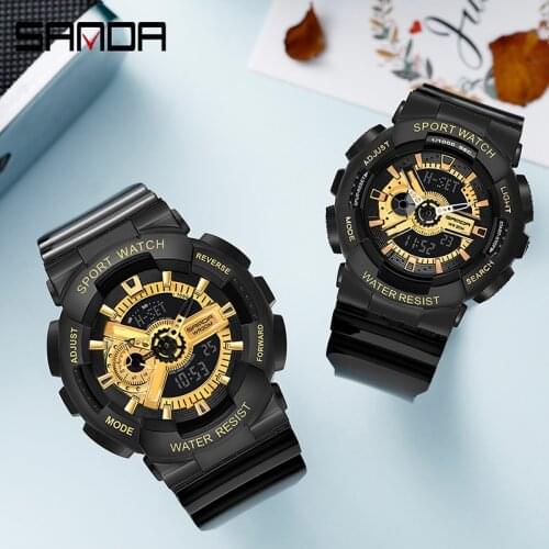 SANDA 2021 Hot Sell Digital Couple Watches Fashion Stylish Multifunctional Dual Display Electronic Wristwatch for Lovers Gifts