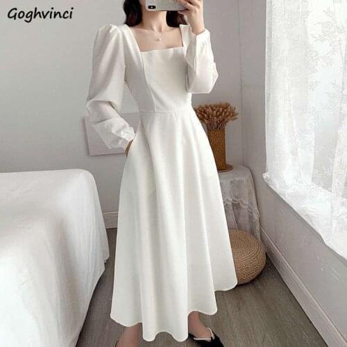 Women Long Sleeve Dress Puff Sleeves Square Collar Backless Midi A-line Solid Temperament Retro Slim Ulzzang Simple Elegant Ins