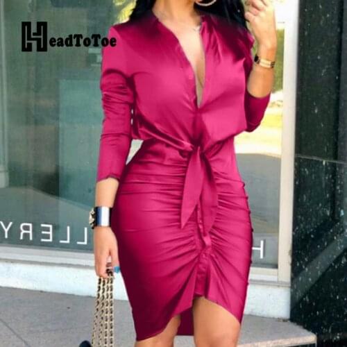 Solid Satin Pleated Lace Up Sexy OL Shirt Dress Women Long Sleeve Turn Down Collar Slim Bodycon Dress