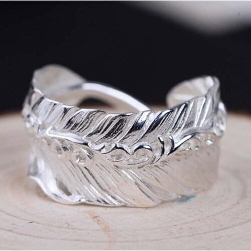 Real 925 Plain Silver Feather Chinese Tang Cao Kou Mens And Womens Lovers Ring Exquisite Commemorative Gift Jewelry