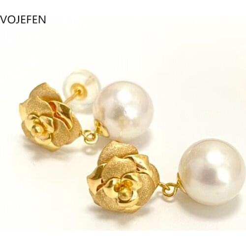 VOJEFEN AU750 18K Pure Gold Flower Stud Earrings with Dangling Fresh Water Pearls (7-8mm) For Women Vintage Earing