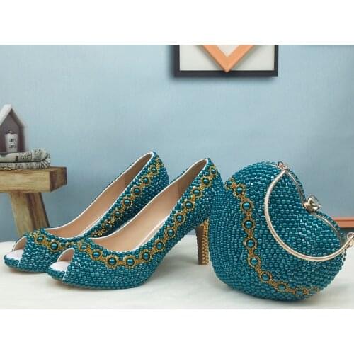 Women Peep Toe Party Dress Shoes And Bag Bride Wedding shoes Teal Blue Pearl Pumps High heels Ladies Open Toe Blue Green