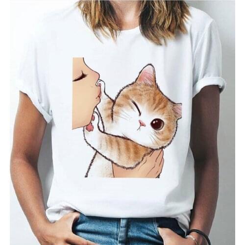 Female T Shirt Harajuku Kawaii Kiss Cat Print Top Womens T-shirt Cute Cat Cartoon Clothes O-neck Casual Ladies Tee Tops Shirts