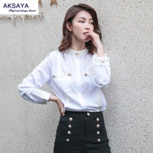 New Original Design Women Dress Shirt White Long Sleeve Womens Blouse Vintage Military Shirt Stand Collar Womens Shirt