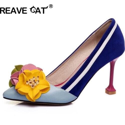REAVE CAT Shoes woman High heels Laides pumps Pointed toe Women genuine leather shoes Flower Patchwork Shallow Boats Sexy A1593