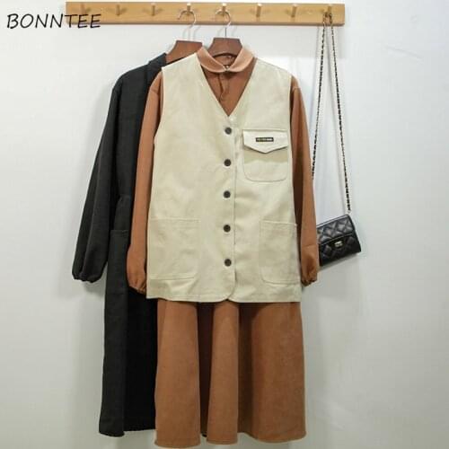 Sets Women Korean Style College V-Neck Single Breasted Solid Vest Turn-down Collar Long Sleeve Dress Leisure Streetwear Fashion