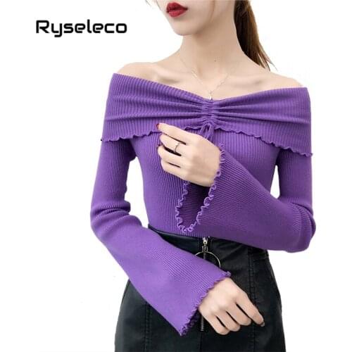 Winter white knitted sweater women 2018 Autumn slash cold lace up pullover sweater Sexy long sleeve off shoulder sweater jumpers