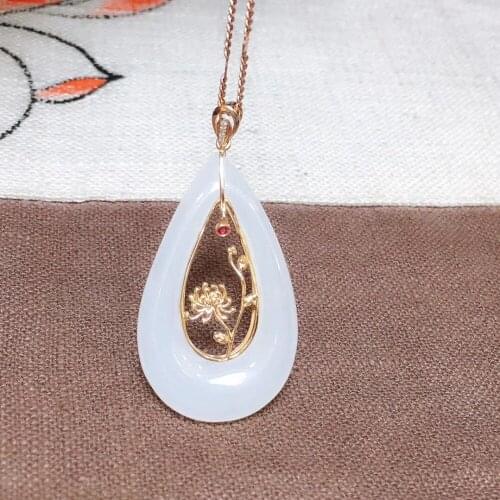 18k gold mosaic Hotan white jade pendant j366