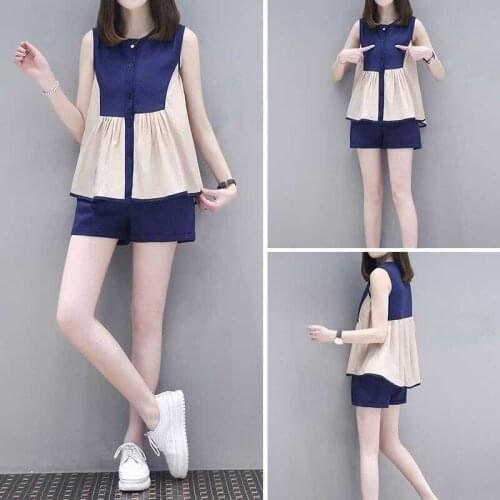 2021 Summer 2 Piece Sets Womens Outfits Casual Sleeveless Blouse Tops + Shorts Suit Female Office Ladies Plus Size Set Y271