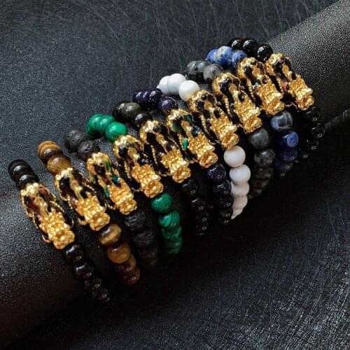 8mm Feng Shui Bracelet Energy Luck Wealth Pixiu Charm Bracelet Natural Tiger Eye Agates Black Obsidian Stone Beads Bracelets Men