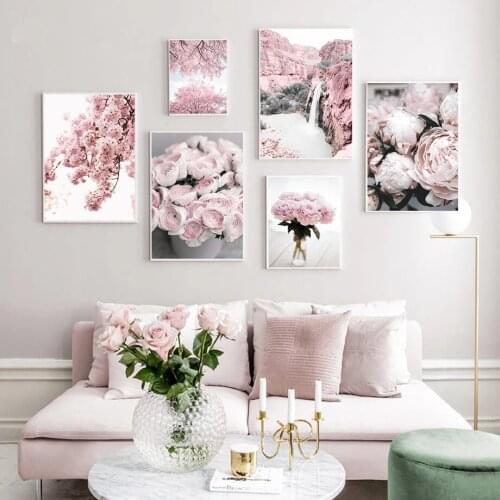 Cherry Blossoms Flowers Wall Art Pink Poster Decoration Home Canvas Painting Print Peony Nordic Decorative Pictrue Decor Art