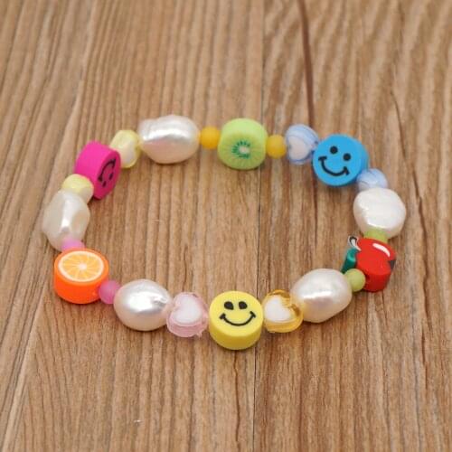 Go2Boho Real Pearl Bracelet For Women Polymer Clay Random Smiley Fruit Charm Beaded Bracelets Funny Summer Beach Pearls Jewelry