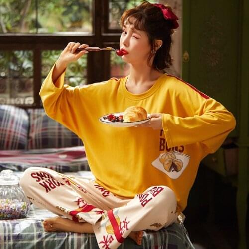 Interesting Print Sleepwear Pyjamas Womens Pajamas 100% Cotton Long Sleeve Ladies Pijama Sets Homewear Cute Lounge Wear T-shits
