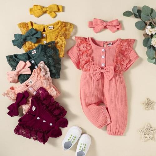 Newborn Baby Girls Boys Rompers Bow Lace Cotton Linen Lace Jumpsuit Headband Outfits Vestidos De Verano Summer Baby Clothes