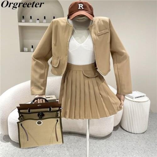 Autumn Preppy Style Two Piece Set Women Chain Trim Crop Top Short Coat + Pleated Skirts Sets Fashion Casual 2 Piece Student Sets