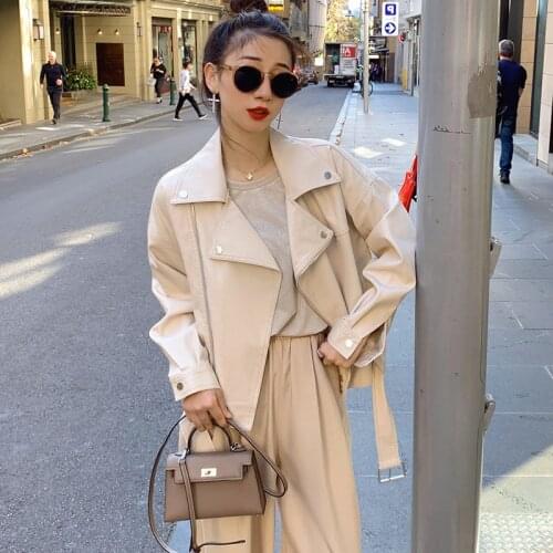 FTLZZ New Women Pu Leather Motorcycle Short Jacket Turn-down Collar Zipper Solid Coat Casual Loose BF Style Jacket with Belt