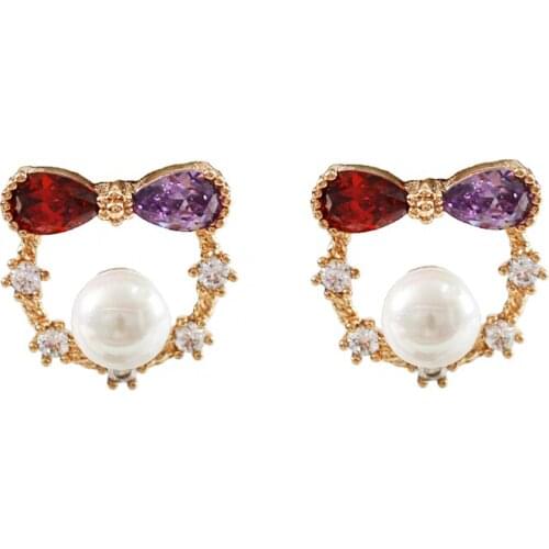 LANFLORA Trendy bowknot women zircon pearl copper alloy earrings Classic bulk wholesale earrings