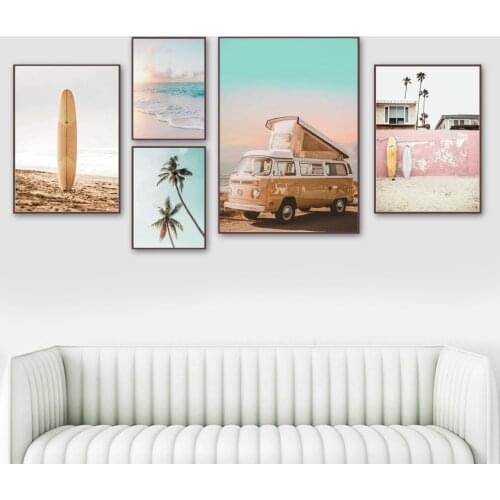 Sea Waves Beach Palm Tree Car Surfboard Wall Art Canvas Painting Nordic Posters And Prints Wall Pictures For Living Room Decor
