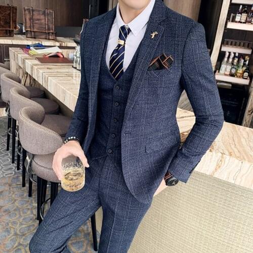 Mens Suits 3 Pieces Plaid Khaki Lapel Business Singal-breasted Suit For Wedding Groomsmen Jacket Slim Fit Clothing Plus Size