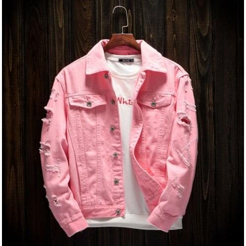 New Style Mens Denim Outerwear Mens Denim Jacket Fashion Jeans Autumn Spring Denim Jackets Coat Classic Pink