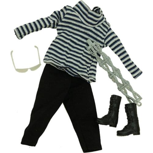 1/6 BJD Clothes For Barbie Doll Outfit High Neck Long Sleeve Stripe Shirt Top Crop Pants Boots Glasses 1:6 Dolls Accessories Toy