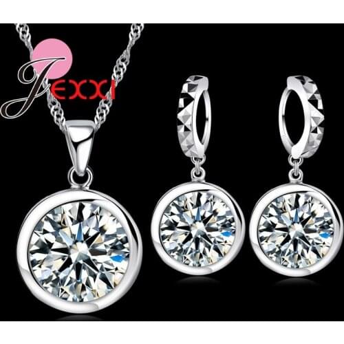 Simple Elegant 925 Sterling Silver CZ Crystal Drop Pendant Necklace Earring Women Wedding Jewerlry Sets Dress Accessories