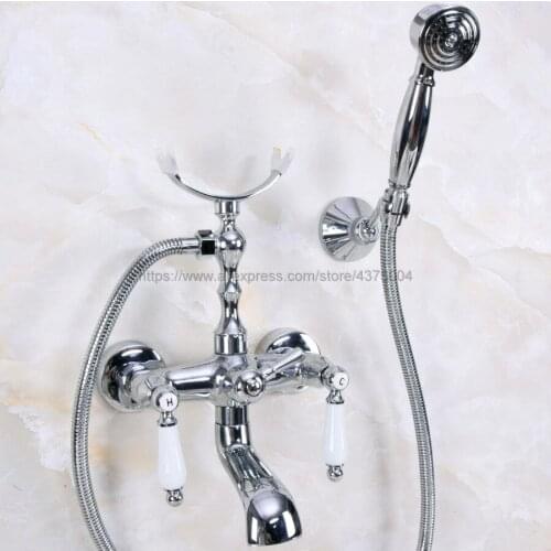 Polished Chrome Dual Handles Bathtub Faucet Set Wall Mount with Handshower Bath Shower Mixer Taps Nna237