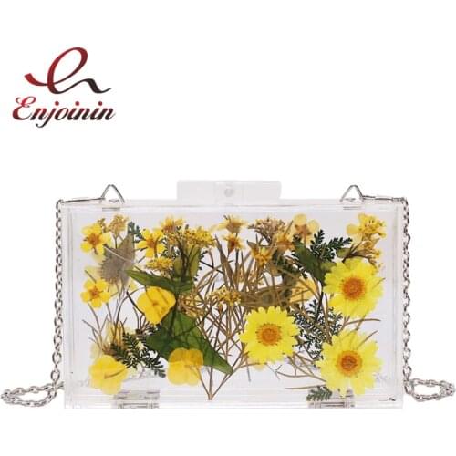 Transparent Acrylic Fashion Daisy Design Ladies Casual Clutch Bag Evening Bag Chain Purse Women Crossbody Mini Bag Handbag Flap