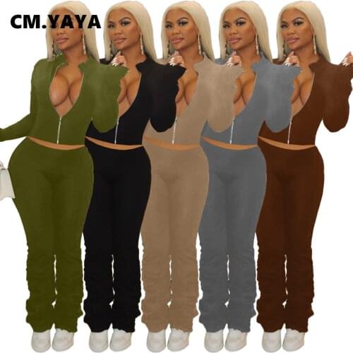 CM.YAYA Activewear Women Set Zipper Crop Tops Satcked Bellbottom Pants Matching Set Sportwear Tracksuit Two 2 Piece Set Outfit