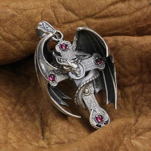 925 Sterling Silver Gothic Dragon Cross Pendant Mens Biker Punk Pendant TA255