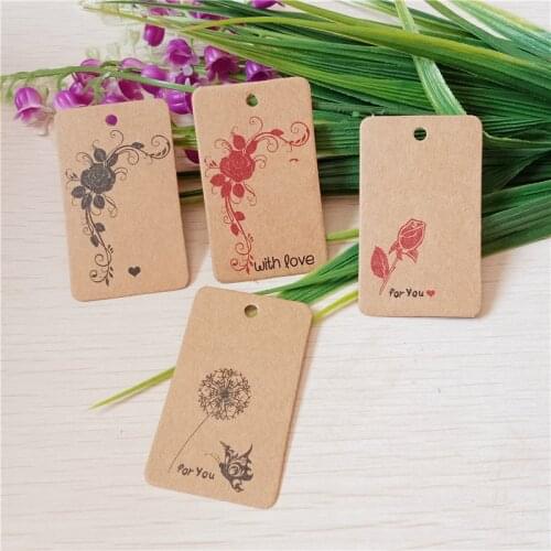 Packing Label Handmade Flower Print 5x3cm Brown Paper Kraft Labels Wedding Etiquette Gift Tag Luggage Note Hang Tags 200Pcs/Lot