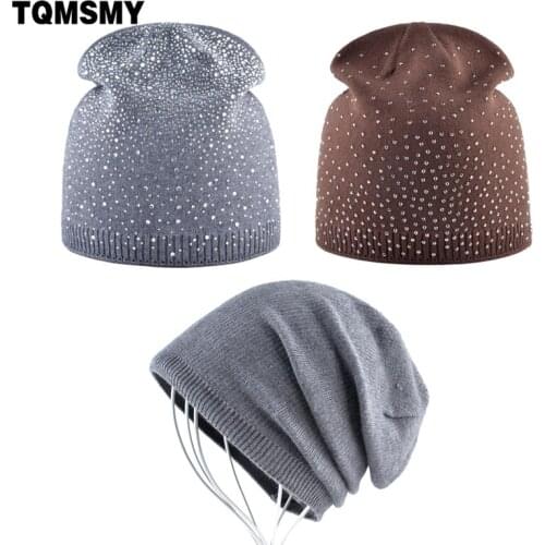 Knitted Beanies Women Winter Ladies Rhinestone Hat Autumn Knitting Wool Skullies Beanies Solid Color Soft Caps 3 Hats Package