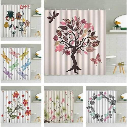 Beautiful Animal Flower Shower Curtains Dragonfly Butterfly Flower Tree Simple Hand-painted Pattern Bathroom Curtain Home Decor