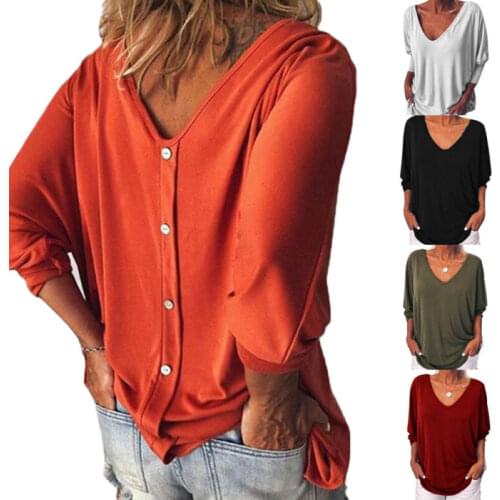Plus Size Womens Loose 3/4 Sleeve Back Buttons T Shirts V Neck Solid Top Loose Blouse Autumn Summer Tee Top