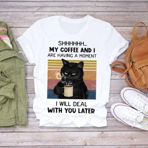 Women Cat Coffee Funny Printing Cartoon Fashion 90s Ladies Print Lady T-shirts Top Womens Graphic T Shirt Female Tee T-Shirt