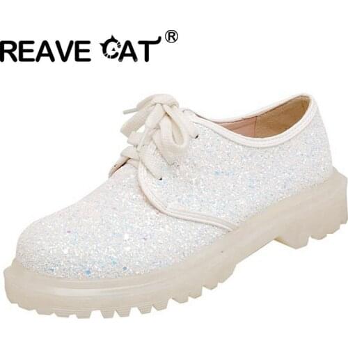 REAVE CAT New 2021 Women Flat Shoes Round Toe 3cm Lace-Up Bling Student Transparent Soft Comfy Stylish Big Size 34-43 A3898
