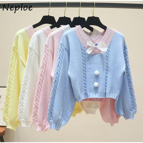 Neploe Preppy Style Sweet Sweater Women 2021 Autumn New Student Pullovers Femme V-neck Bowknot Patchwork Knitted Tops Mujer