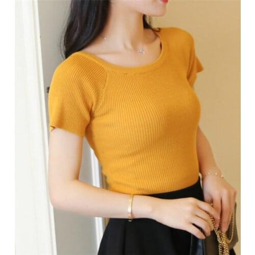 2019 spring and summer thin sweater womens shirt Slim sweater was thin short paragraph short-sleeved shirt women