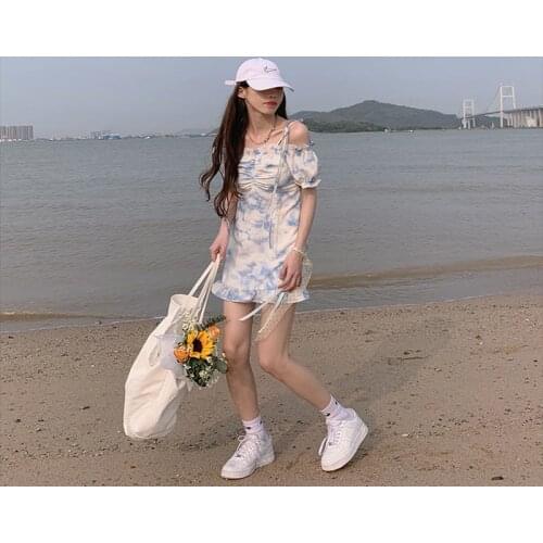 Soft Wind Floral Dress Womens 2021 Summer Sexy Mini Beach Casual New Pure Tie Dye Corset High Waist Slim Short Suspender Skirt