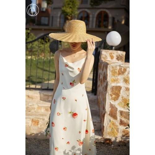 DUSHU Loose Office Lady French Rose Print Swing Neck Sling Dress 2021 Summer New Retro Yellow French Retro Women A-line Dress