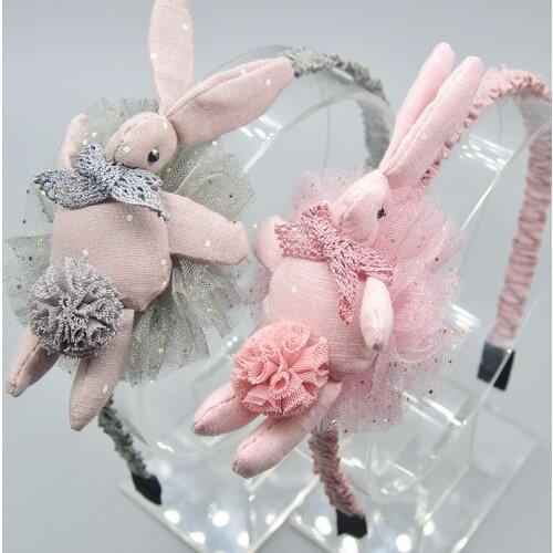 10pcs Fashion Cute Lace Pom Pom Rabbit Hairbands Solid Stuffed Bunny Hair Sticks Princess Party Headwear Girls Hair Accessories