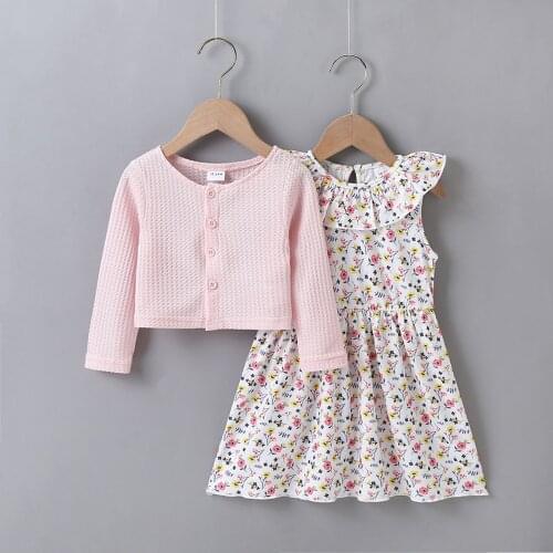 2021 New Girls Denim Coat Top+Dress 2 PCS Girls Children Casual Flower Outfit Clothing New Kids Sleeveless Dress