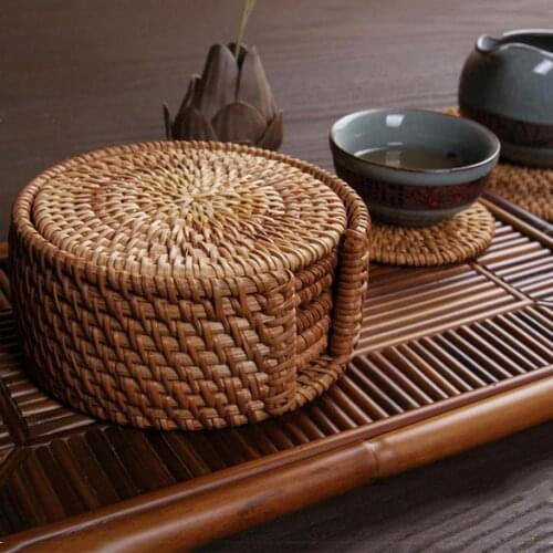 6Pcs/Set Rattan Storage Tray Drink Coasters Set Round Tableware Placemat Dish Mat Rattan Weave Pad Storage Baskets хлебница