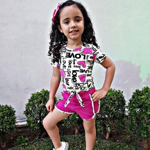 Valentines Days Lovely Infant Kids Girls Clothes Sets Letter Print Short Sleeve T Shirts Tops Shorts 1-6Y