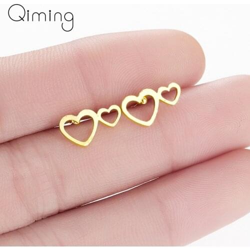 Double Love Heart Earrings Baby Women Cute Statement Jewelry Two Hearts Stud Earrings Gold Jewelry Girlfriend Gift