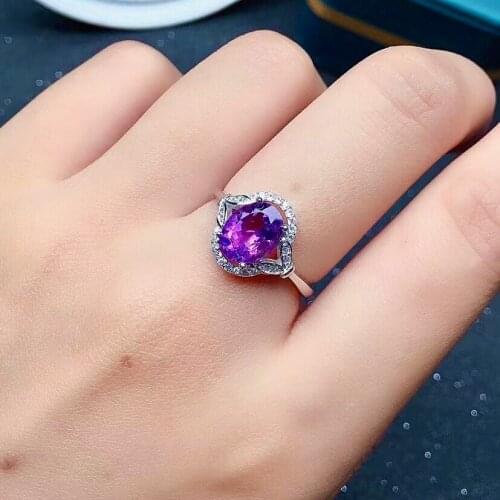 Elegant Sterling Silver Amethyst Jewelry VVS Grade 7mm*9mm 2ct Natural Amethyst Ring for Party 925 Silver Crystal Ring