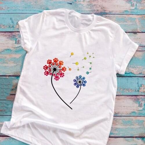 New Summer Women Fashion T Shirts Dog Paw Dandelion Print Graphic Tee Casual Loose Tee Basic Tee Dog Lover Tee