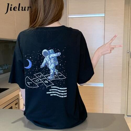 Jielur Korean Style T-shirt Women Black Blue M-XXL O-Neck Short Sleeve T-shirts Female Boyfriends Casual Print Tee Shirts Summer