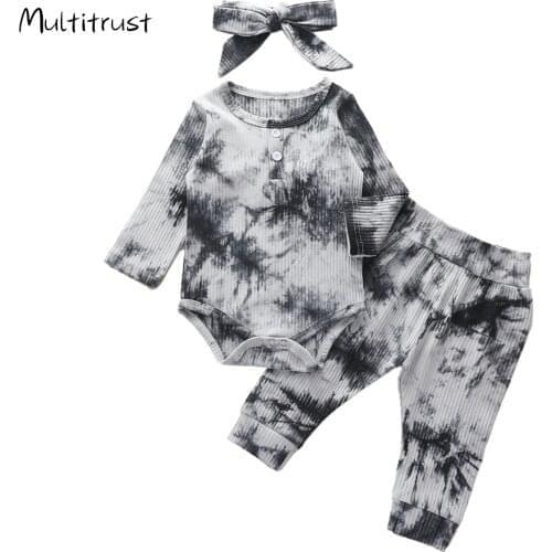 0-24M Baby Clothing Newborn Baby Boys Girls Clothes Set Tie Dye Print Infant Long Sleeve Jumpsuit+Pants +Headband 3pcs