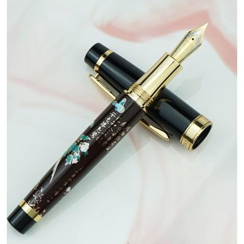 HongDian 1837 Metal Fountain Pen Brown Magpie Hand-Drawing Chinese Style Iridium EF/F/Bent Nib Ink Pen Business Office Writing